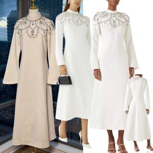 🆕 SIMKHAI 🧿 NWOT Odetta Crystal Embellished Cream Long Sleeve Midi Dress, Sz 8